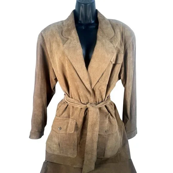 vintage‎ 80's Pia Rucci fine suede safari or western style skirt suit beige sz 8 - Picture 6 of 9